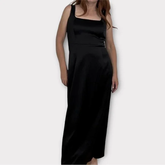 Tahari Y2K Black Square Neck Satin Long Formal Party Dress Hot Pink Lining